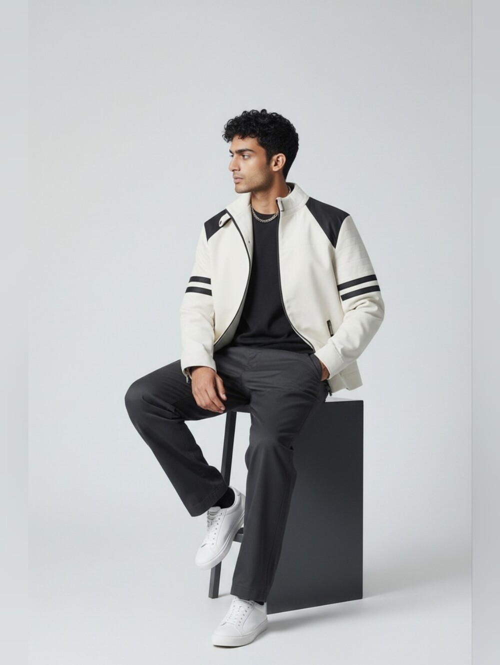 Men's Fried Denim White Bomber Jacket Faux Leather Motor Cycle Color Block LRG